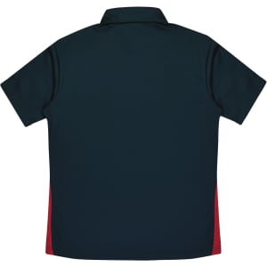 A dark blue polo shirt with red side panels and a collar. Features a logo on the upper left side.