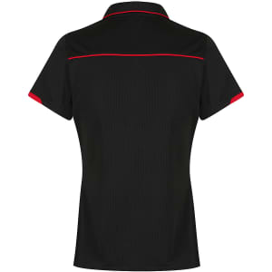 A black polo shirt with red accents, featuring a collar and short sleeves. The shirt has a logo on it.