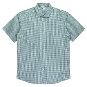 A short sleeve button-up shirt in a green and white checkered pattern. It features a collar and a branded label.