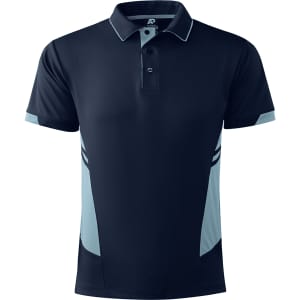 A navy blue polo shirt with light blue accents and a collar, featuring a logo.