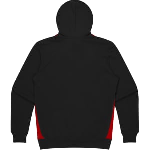 A black hoodie with red side panels, featuring a hood and a simple design. It has a logo on it.