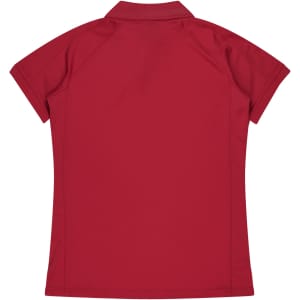 A red polo shirt with a short sleeve design and a collared neckline, featuring a logo on the back.