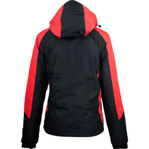 A black and red jacket featuring a hood and contrasting panel design, with a logo on the back.