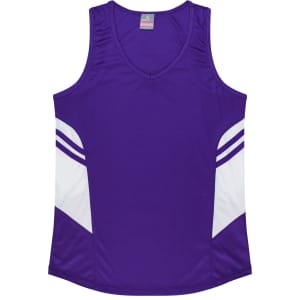 A purple singlet with white accents and a logo, designed for women's wear.