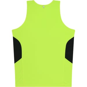 A bright yellow singlet with black side panels and a logo at the neckline. Suitable for kids' active wear.