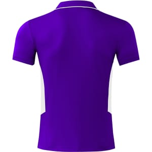 A purple polo shirt with white detailing on the sides and a logo on the left chest area.