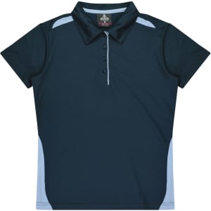 A dark green polo shirt with light blue side panels and a collar, featuring a button-up front and a logo.
