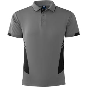 A grey polo shirt with black accents, featuring a collar and a logo on the upper section.