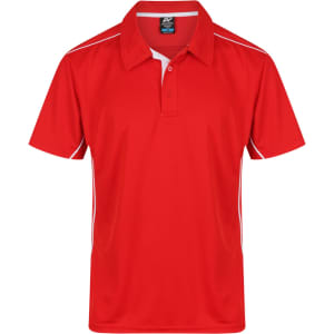 A red polo shirt with white detailing and a collar, featuring branding on the chest.