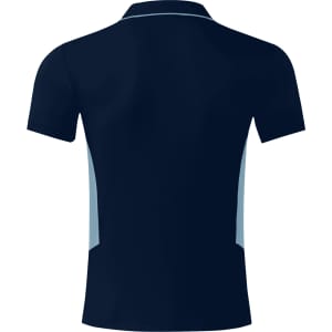 A navy blue polo shirt with light blue side panels and a collar. The shirt features a logo.