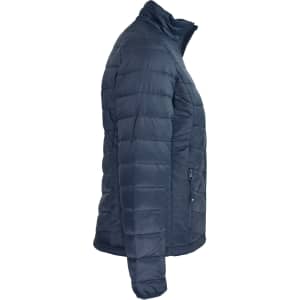 A navy blue jacket with a puffer design, featuring a zip closure and side pockets. It has a logo on it.