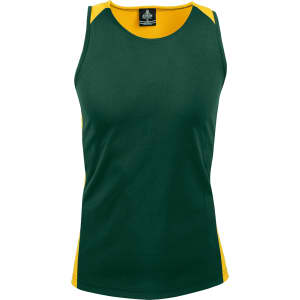 A green and yellow singlet featuring a logo. It has a sleeveless design suitable for casual wear.