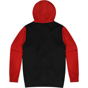 A black and red hoodie featuring long sleeves and a hood, with a solid rear design and a branding logo.
