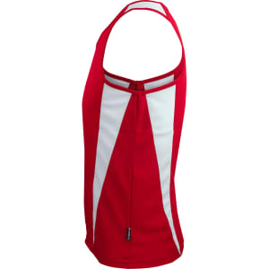 A red singlet with white panels and a logo, featuring a sporty design.