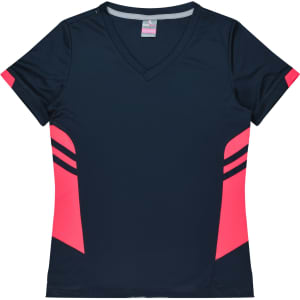 A dark navy T-shirt with pink accents and a V-neck design. The shirt includes a logo on the front.