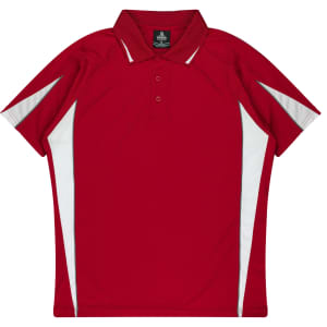 A red polo shirt with white accents, featuring a collar and three buttons, and a logo located at the neck.