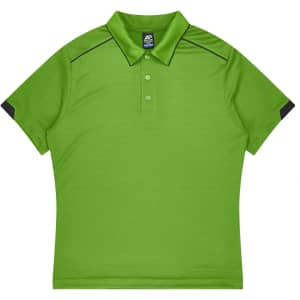 A bright green polo shirt with black accents and a collar, featuring a logo on the chest area.