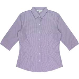 A button-up shirt with 3/4 sleeves in a purple gingham pattern featuring a collar and logo.
