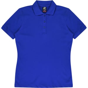 A blue polo shirt with a collar and three buttons, featuring a logo on the label.