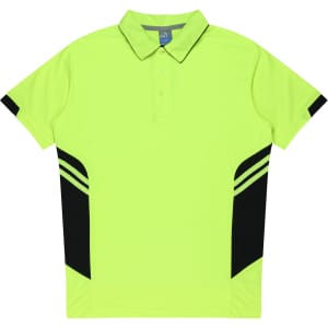 A bright lime green polo shirt with black accents and a logo. Short sleeves and a classic collar design.