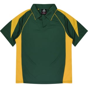 A green polo shirt with yellow accents and a collar, featuring a logo on the chest.