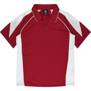 A red polo shirt with white accents and a collar, featuring a logo on the chest area.