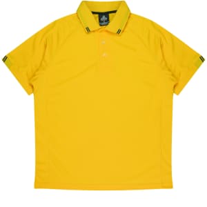 A yellow polo shirt featuring a contrasting collar and striped accents on the sleeves. It has a logo on the chest.
