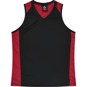 A black singlet with red side panels and a V-neck design. It features a logo on the label.