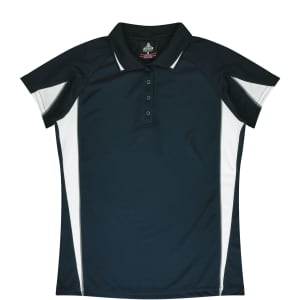 A dark green polo shirt with white side panels and a collar, featuring a logo on the front.