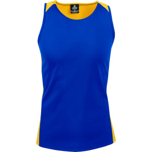 A blue singlet with yellow accent panels and a logo on the upper back.