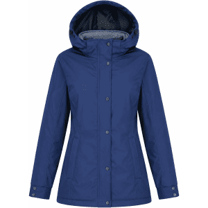 A navy blue jacket featuring a hood, front buttons, and side pockets, with a branded logo.