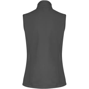 A grey sleeveless vest featuring a high collar and smooth fabric, designed for workwear. It has a logo.