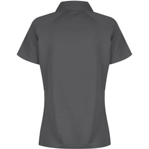 A charcoal grey women's polo shirt with a collar and short sleeves, featuring a logo on the back.