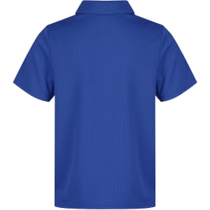 A blue polo shirt with a collar and short sleeves. The back features a logo or branding.