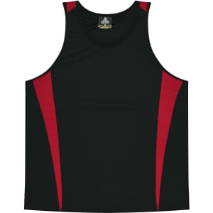 A black singlet with red side panels and a logo at the neckline. Suitable for active wear.