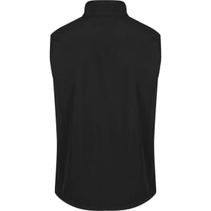 A black sleeveless vest featuring a collar and a smooth texture. The vest has a logo on the back.