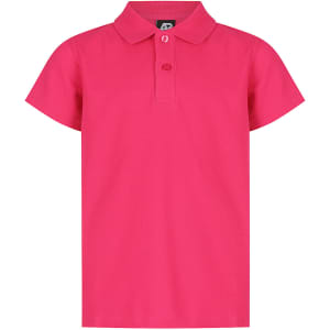 A pink polo shirt for kids featuring a collar and a button placket. The shirt has a branded logo.