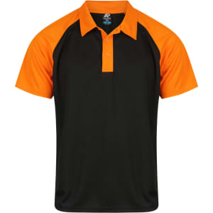 A black and orange polo shirt featuring short sleeves and a collared neck, with a logo on the chest.