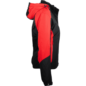 A black jacket with red accents, featuring a hood and zippered pockets, presented from the side.
