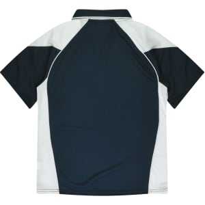 A navy and white polo shirt featuring a sporty design and a logo on the chest.
