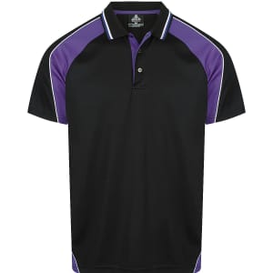 A black polo shirt featuring purple accents and white piping, with a collar and a logo on the chest.