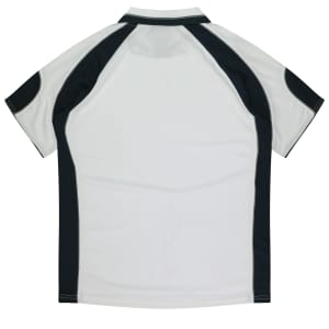 A polo shirt featuring a white base with black accents and a logo on the back.