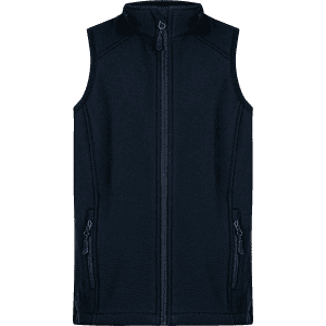 A navy blue children's vest featuring a high collar and zippered front pockets, with a logo on the chest.