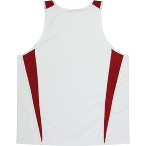 A white singlet featuring red side accents and a logo, designed for kids.