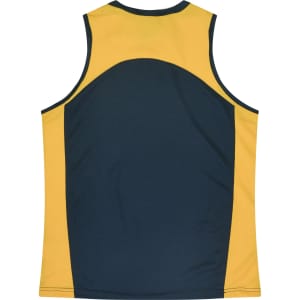 A sleeveless singlet in yellow and dark green, featuring a logo on the back.