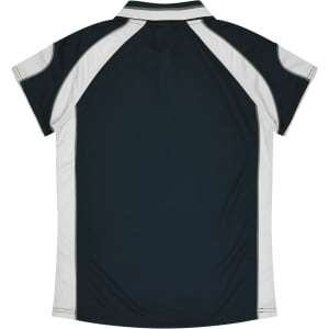 A dark green polo shirt with white accents, featuring a collar and short sleeves, and a small logo on the side.