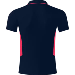 A navy polo shirt featuring pink panels, displaying a simple design and a logo on the back.
