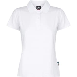 A white polo shirt with a collar, featuring a small logo on the side.