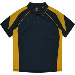 A navy and gold polo shirt featuring contrasting sleeves and a collar, with a logo on the label.