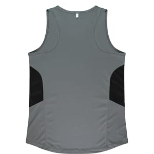 A grey singlet with black side panels and a logo on the back, featuring a comfortable sleeveless design.